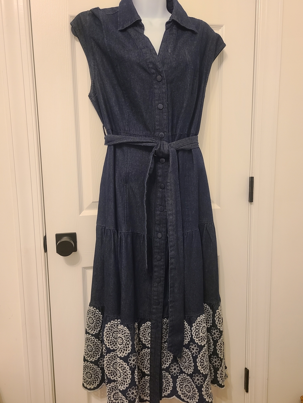 Solitaire Dark Blue Denim Maxi Dress with White Embroidered Hem